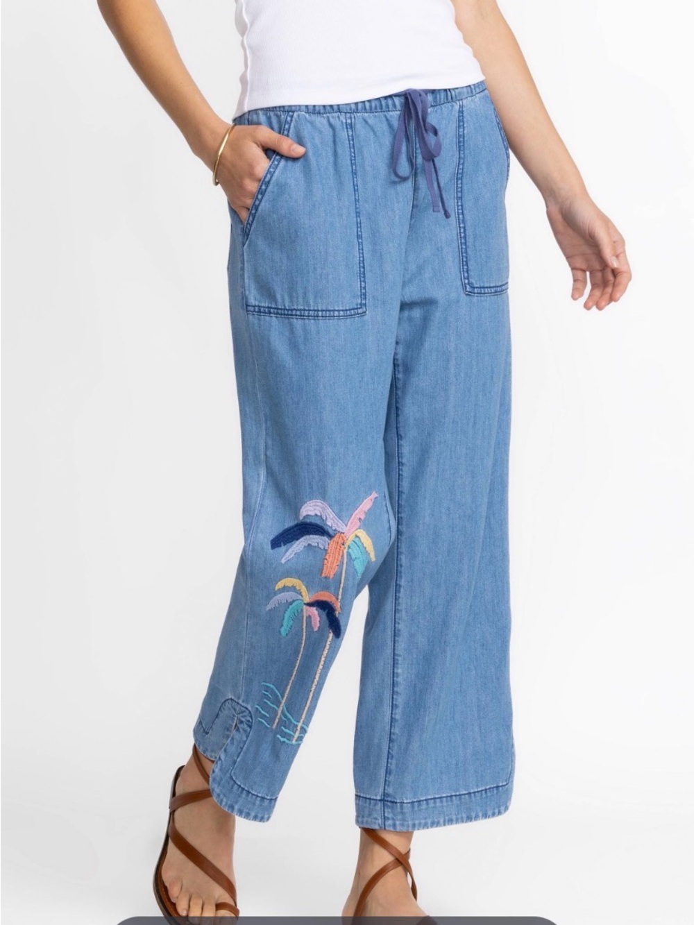 Johnny Was Blue Ankle Cropped Pants with Floral Embroidery